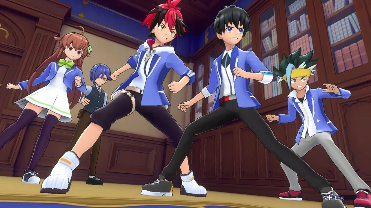 The heroes, standing in a corner with shelves and books, brace themselves for an incoming attack.