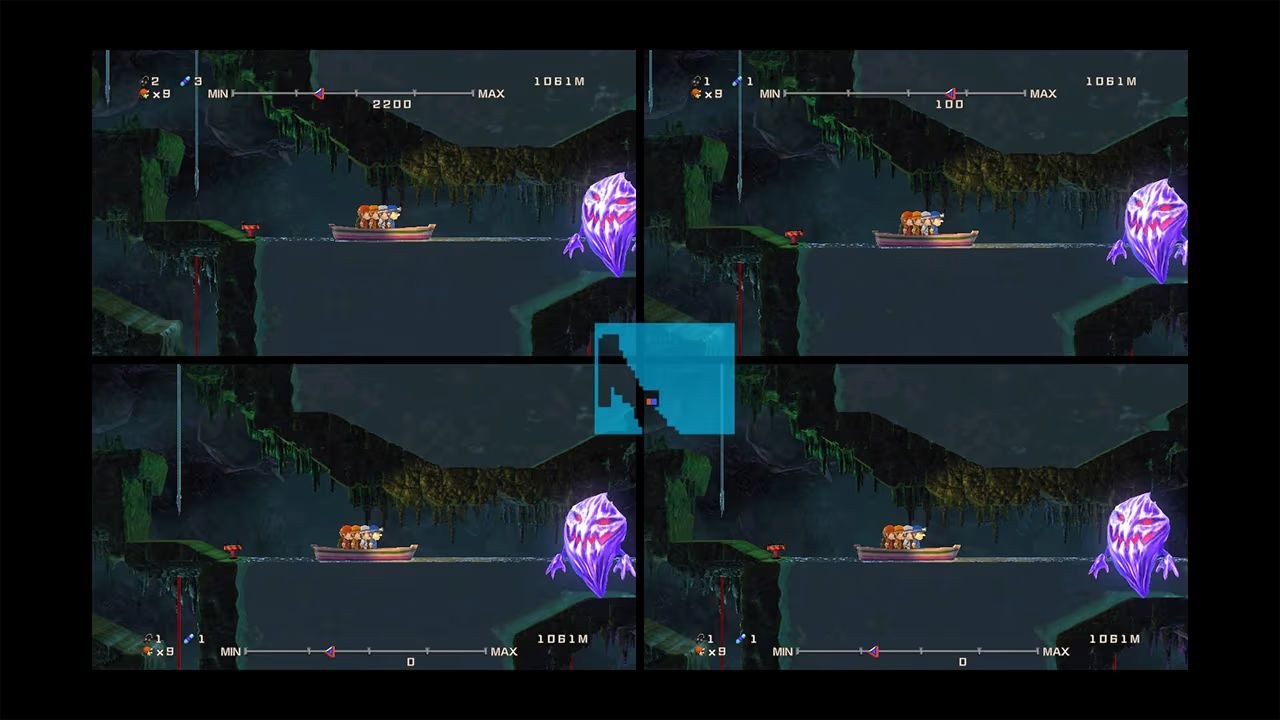 A screen split four ways among players, all of them riding a rowboat across a small pool of water toward a glowering purple monster.
