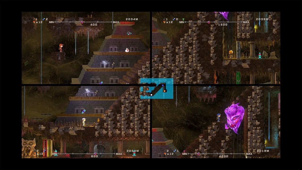 The screen is split four ways, showing characters as they assemble a pyramid-like building, toward a purple monster.