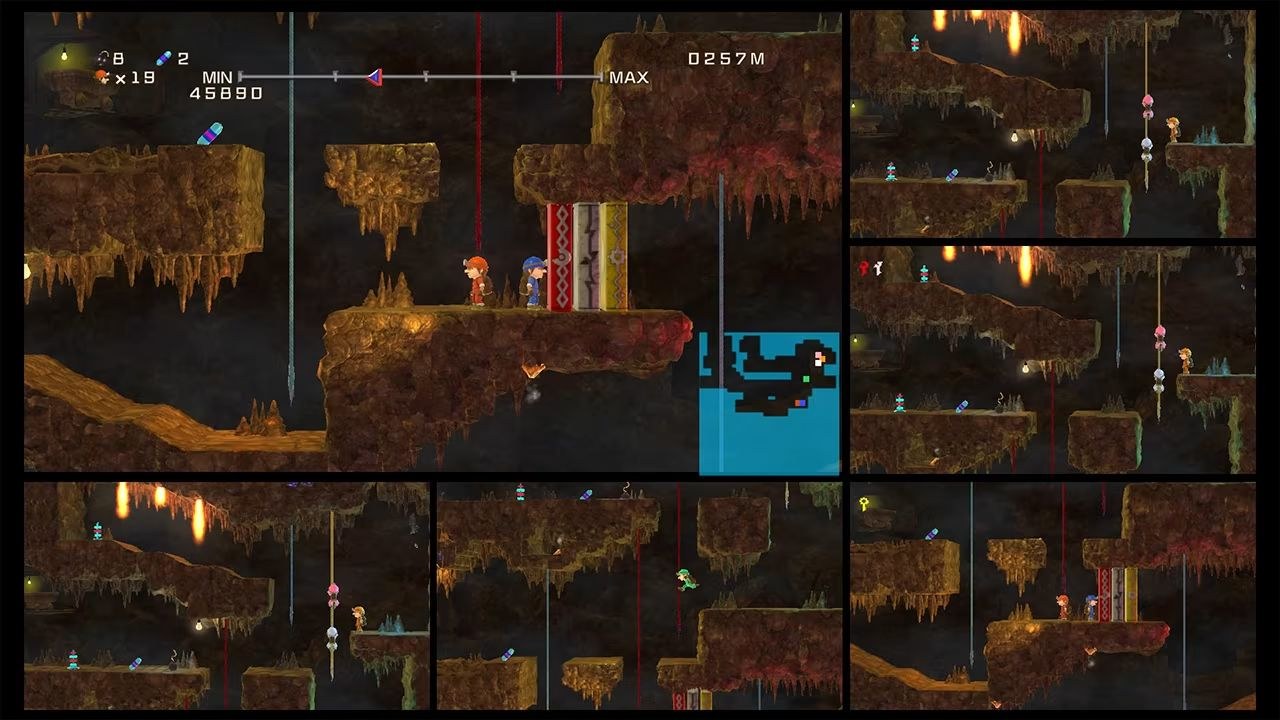 The characters are split among several screens, exploring the cave, with several standing on a ledge and looking to either side.
