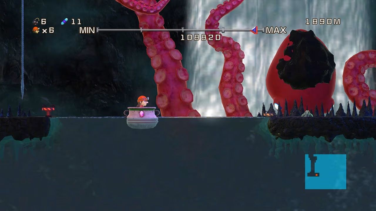 A character floats in a cauldron toward a ledge to the right, behind which waits an apparent red kraken with tentacles and suction cups raised.
