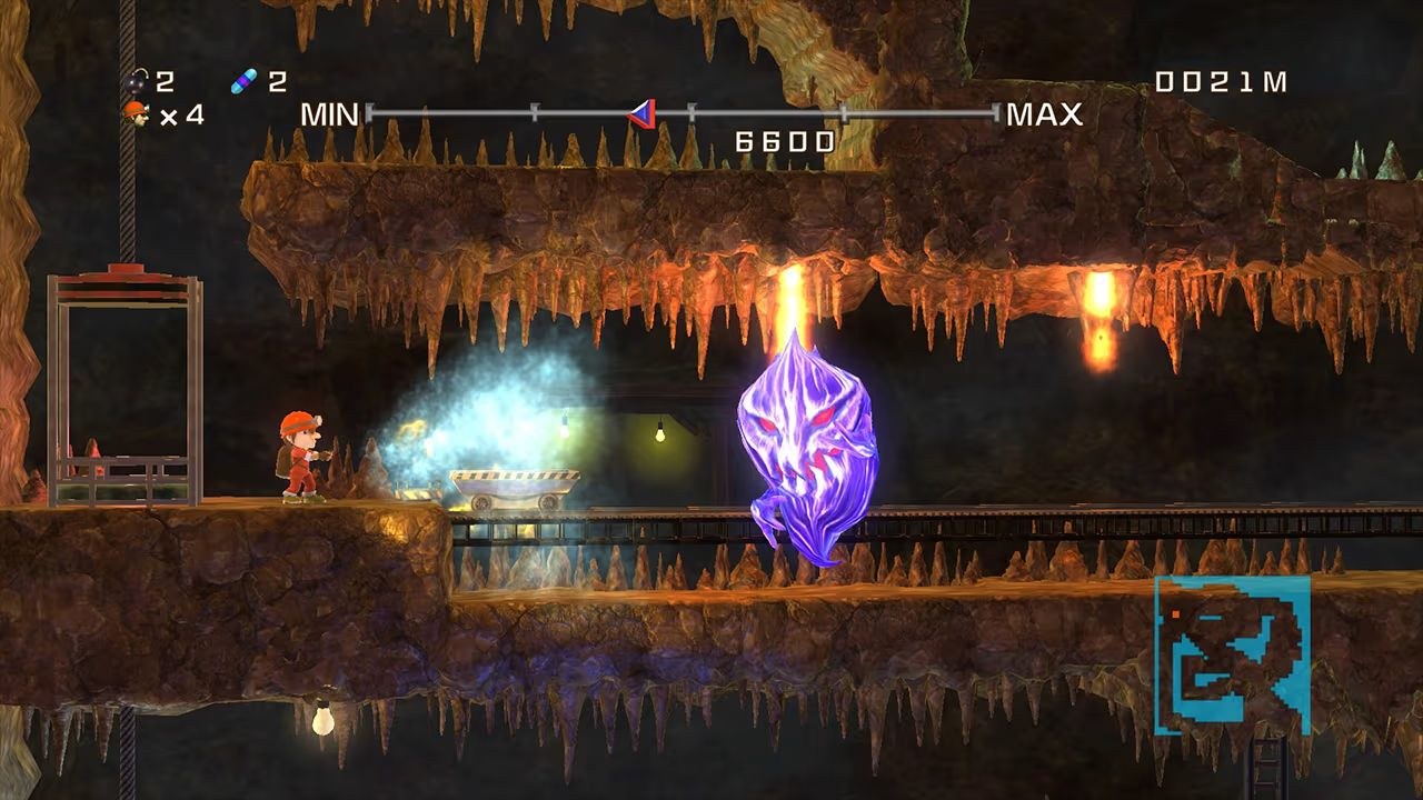 A character stands on an upper ledge, looking right toward an approaching purple monster.
