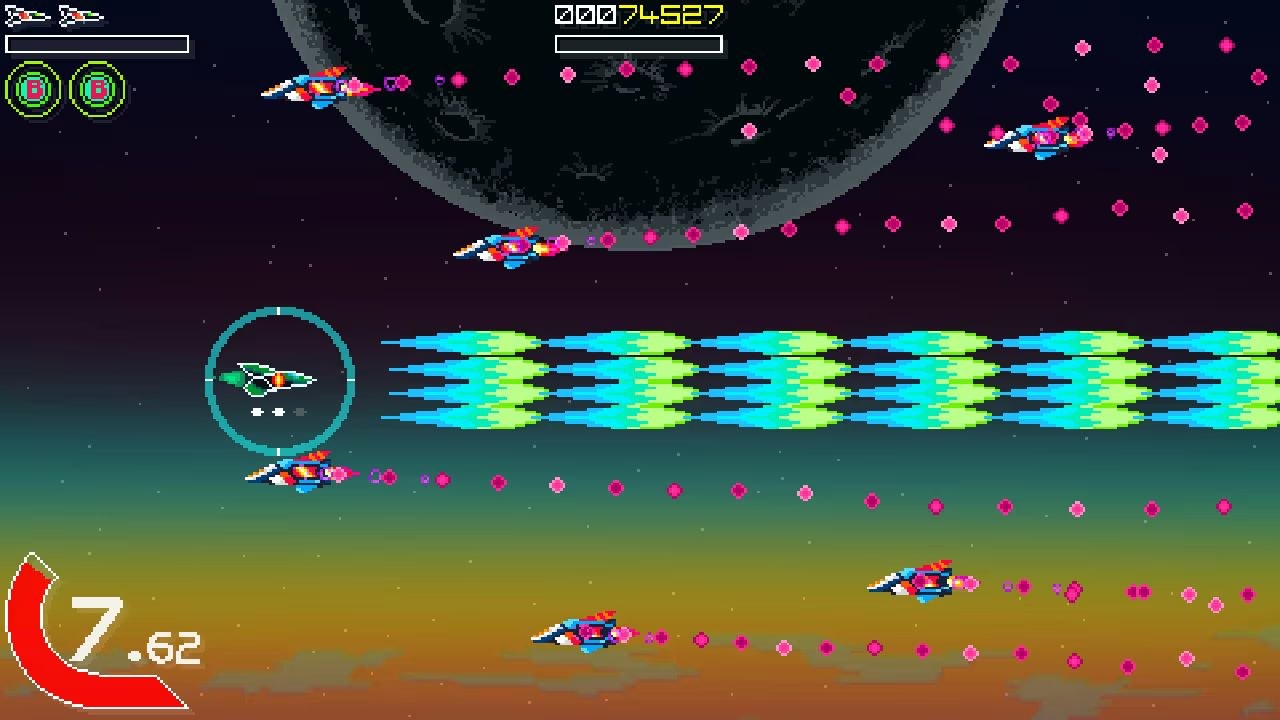 A green ship fires a stream of bullets directly right, while ships come from that direction both above and below it.