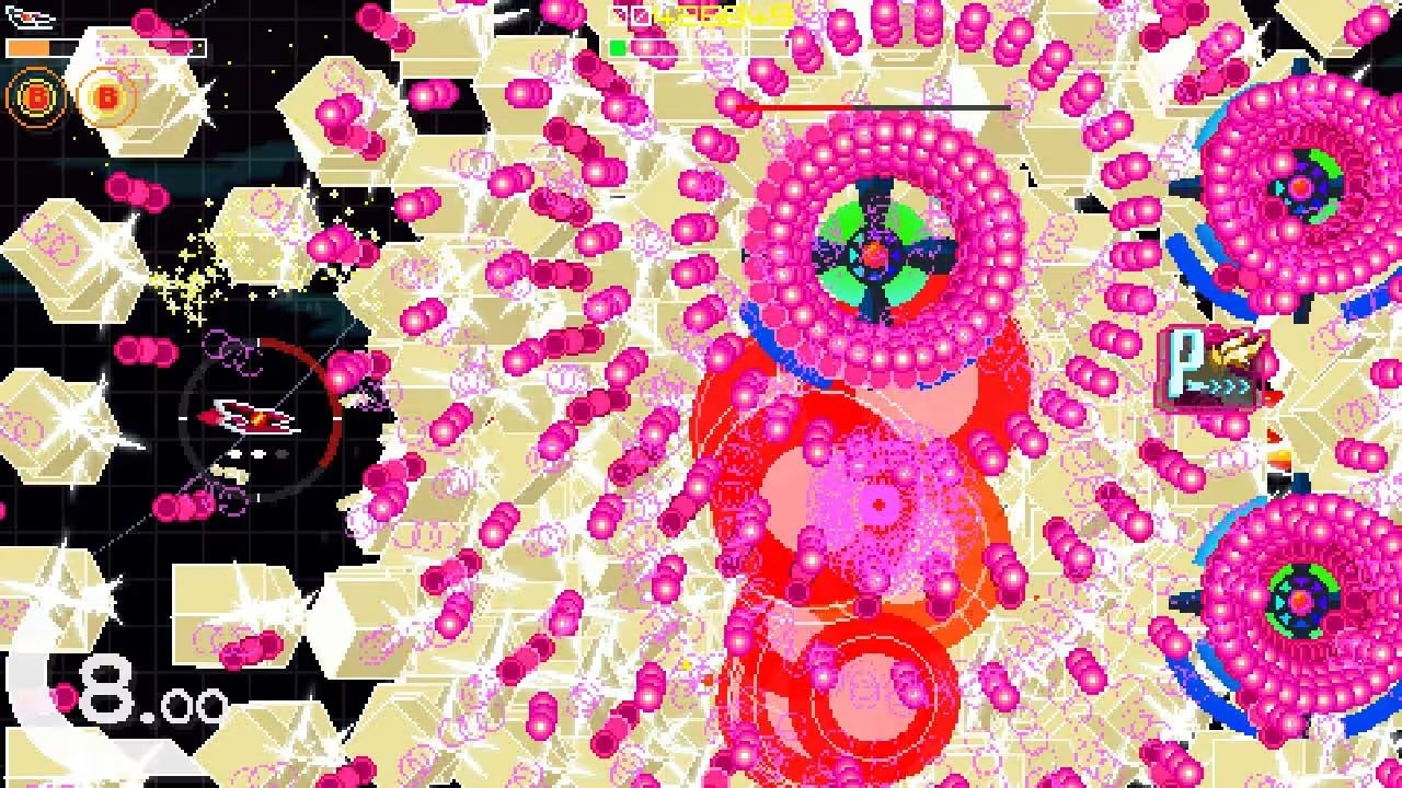 The player's red ship occupies one of the only places on the screen that isn't covered in a pink bullet hell.