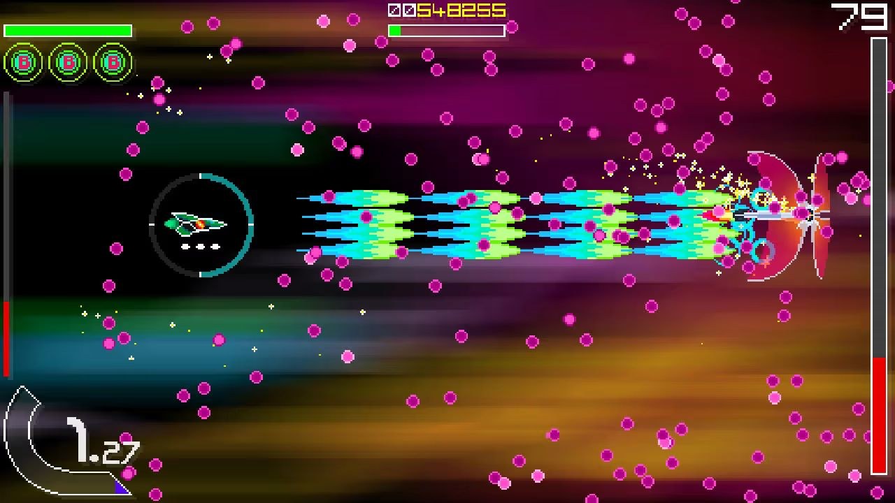 The green ship near the left side of the screen fires a steady burst of fire right, toward a shielded enemy ship that is peppering the screen with pink shots of its own.