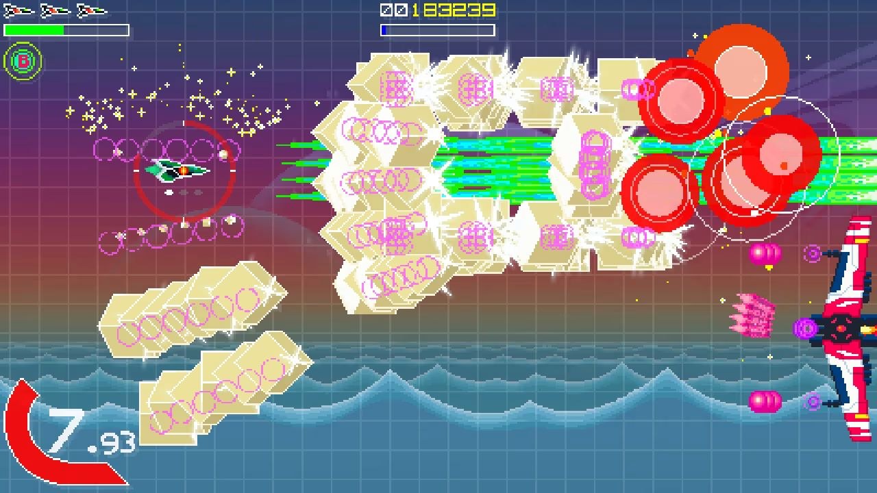 A green ship on the left side of the screen fires a series of green bullets right, where they have produced an explosion as an enemy ship disintegrates.