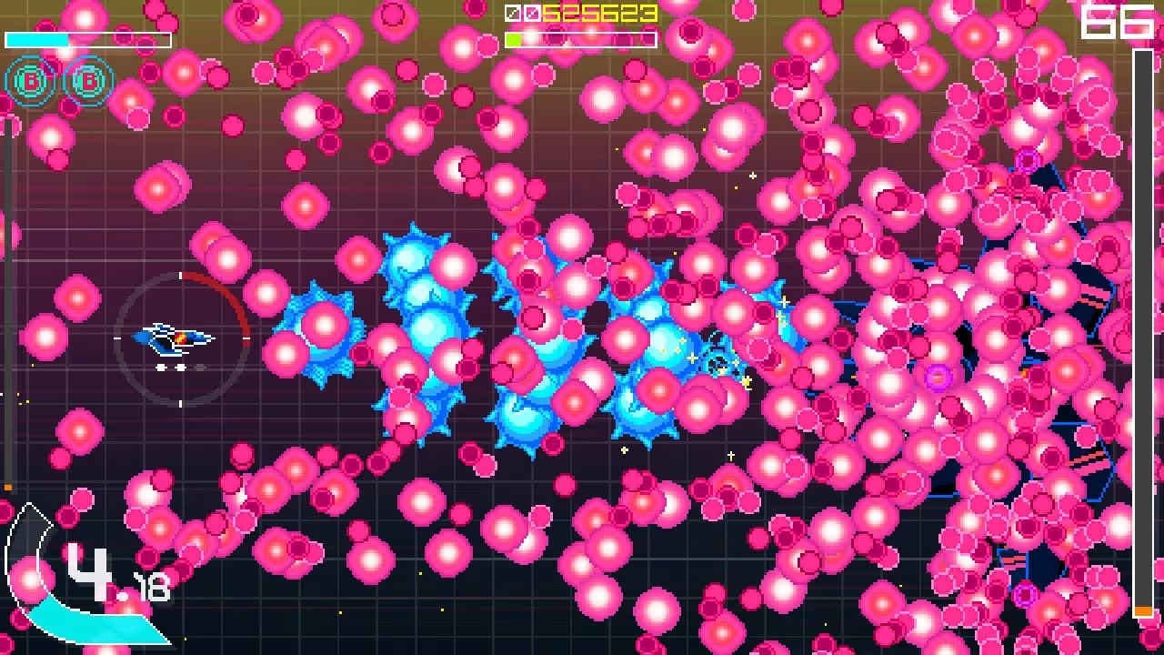 Lost among pink bullets, the blue player ship fires a burst of blue bullets toward the right, where an enemy presumably awaits beneath all the rose-tinted shrapnel.
