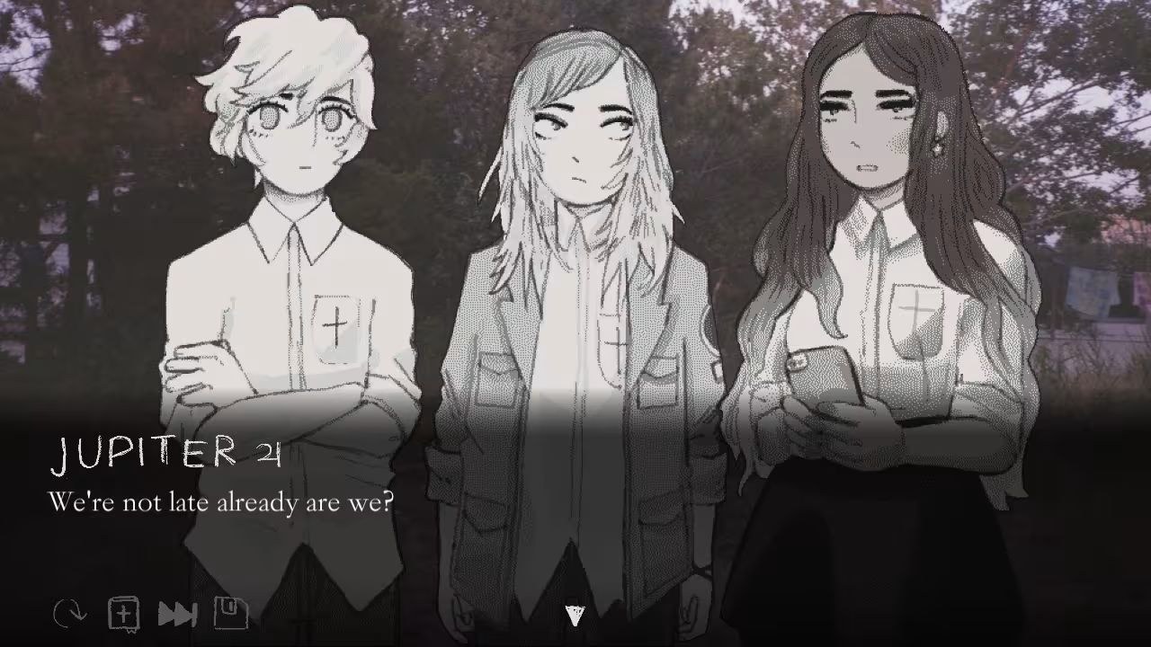 Three characters appear as pencil sketches, standing against a photographic backdrop of a tree and wondering if they are late.
