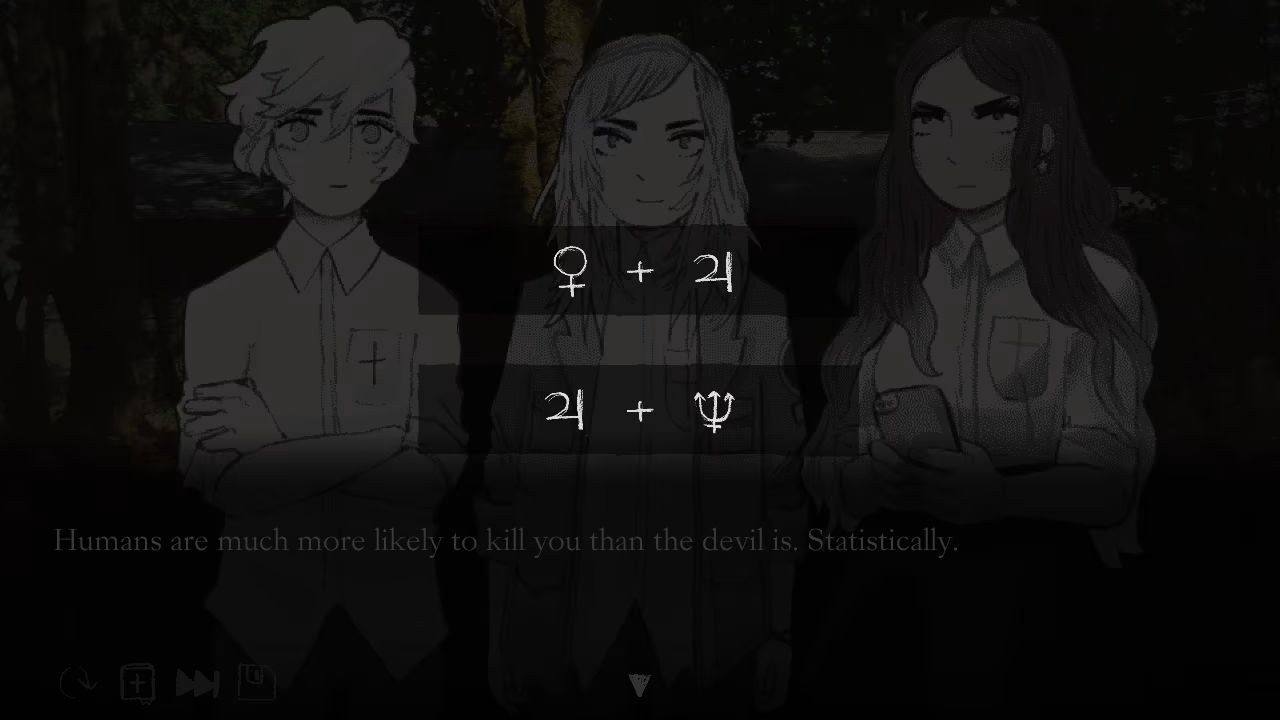 Symbols appear over a screen with text barely visible saying humans are much more likely to kill you than the devil is, statistically.