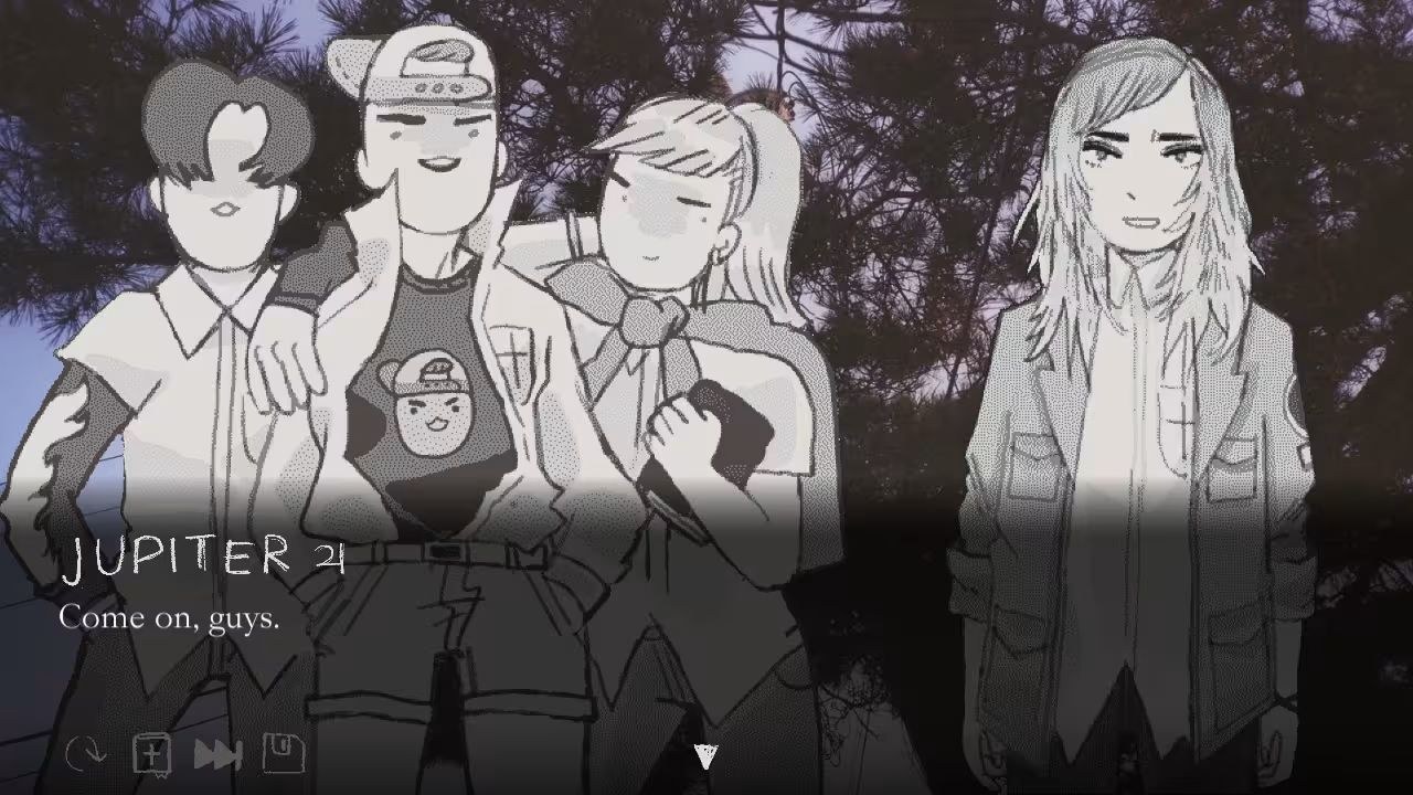 Several characters are grouped close together, and a woman stands to their side, all illustrated as sketches, with a photo of a tree behind them.