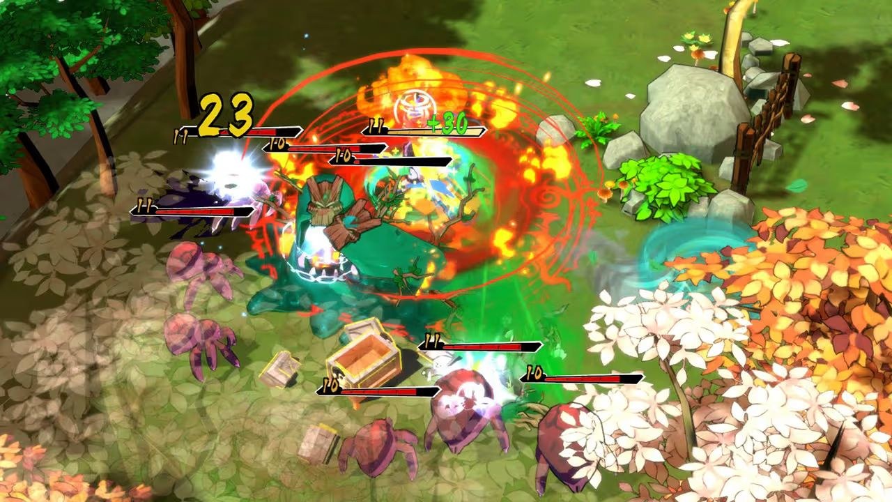 Enemies collide in a grassy area between trees, with life meters draining quickly for several of them.