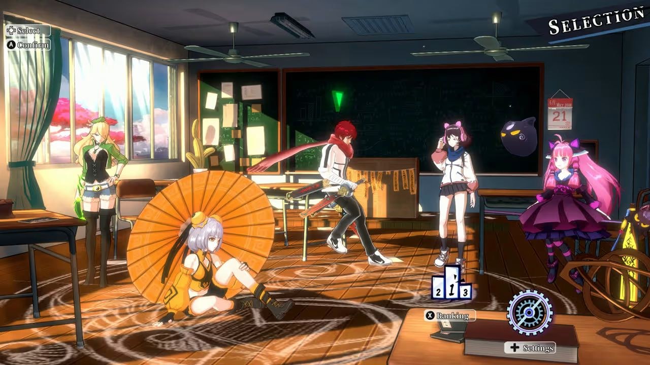 The characters lounge in a classroom, two of them leaning against desks and one of them seated on the floor with an orange umbrella.