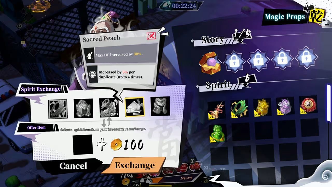 An inventory screen showing various items that can be exchanged for spirits.