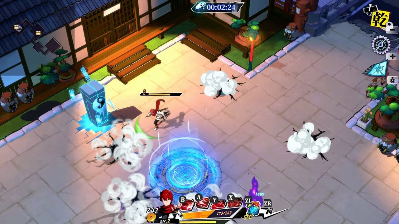 The red-haired hero runs through a tile street as enemies materialize in puffs of smoke around them.