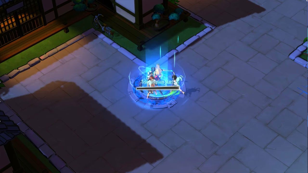 The character stands in a tiled area, initiating a teleportation process, with blue light surrounding them.
