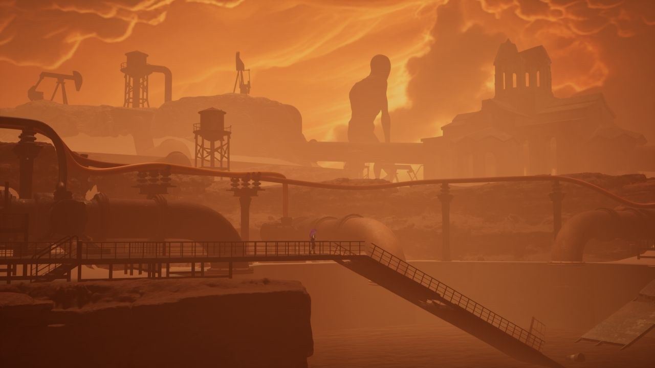 Ayasa stands on scaffolding in the foreground, as in the background a titan wanders among smoking ruins against a blazing skyline.
