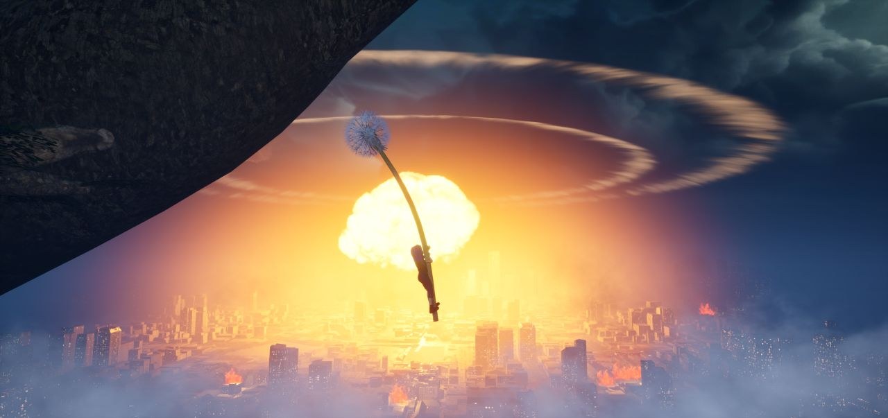 Aya floats through the air on a giant dandelion stem, while in the background, an explosion detonates over a cityscape