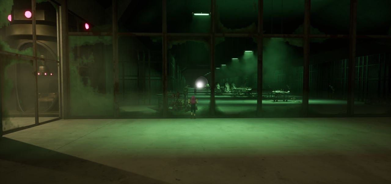 Aya creeps through a darkened corridor, past shadowy columns cast in a greenish glow.