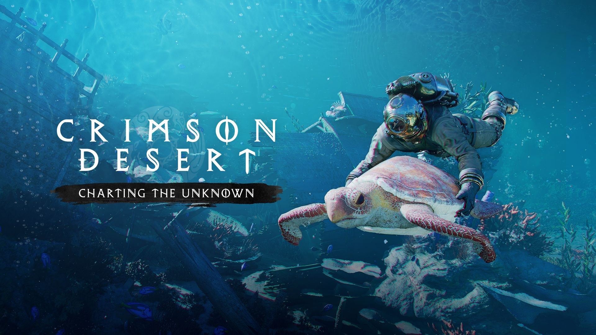 Key art shows a diver holding onto a pink tortoise as it swims through an underground ruin, with the game's logo to the left of the pair.