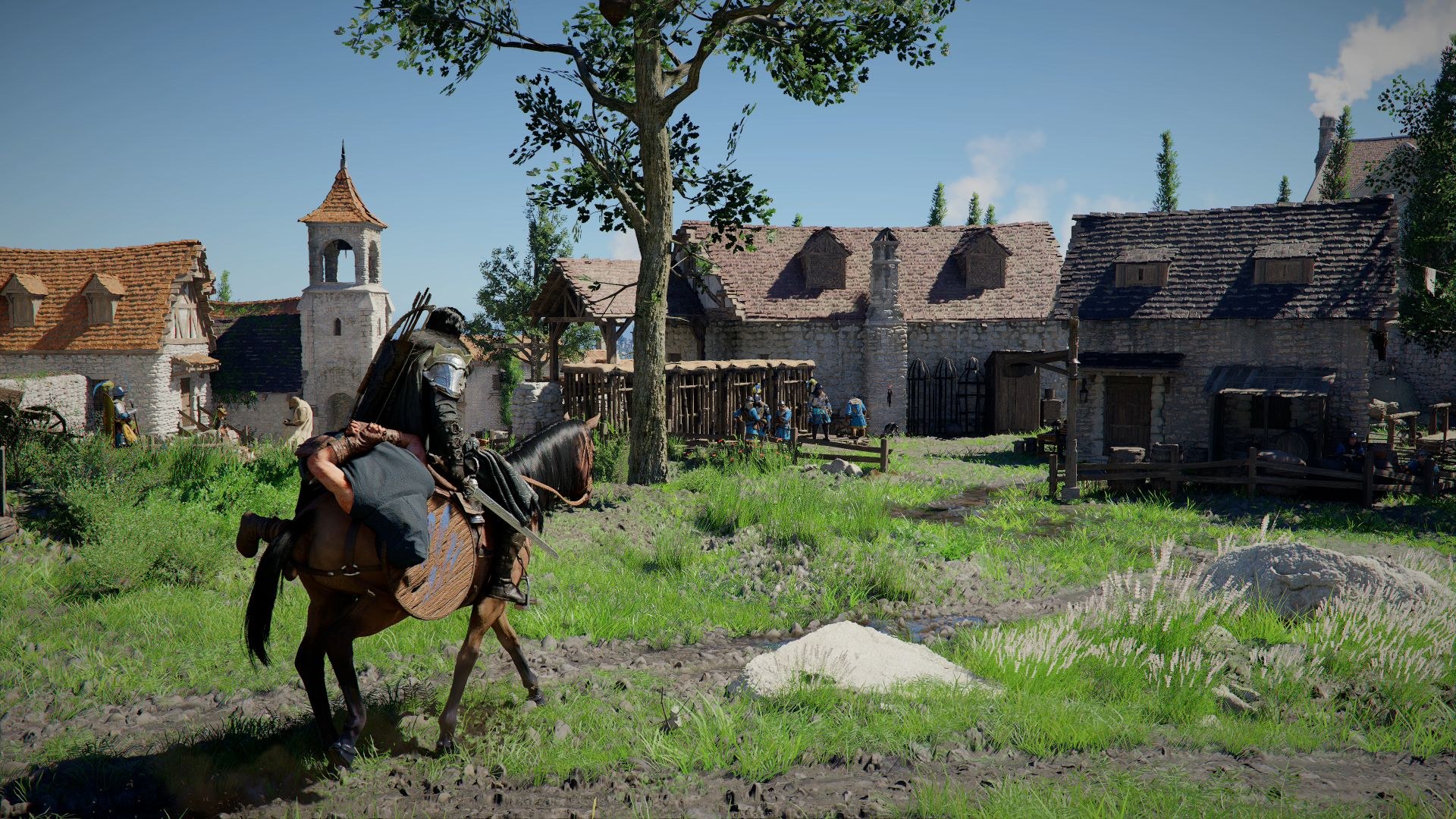 The hero rides a horse toward a small settlement, past a tree along a muddy road.
