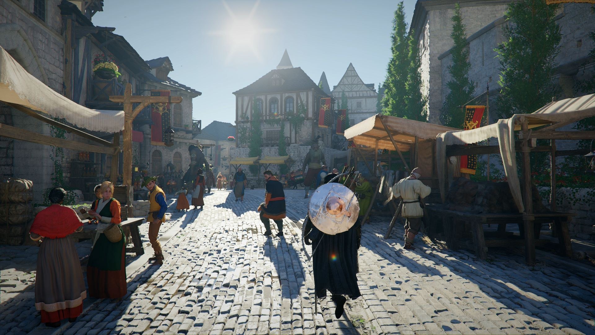 The hero trots along a cobbled street, past onlookers who are gathered near a merchant's wares.