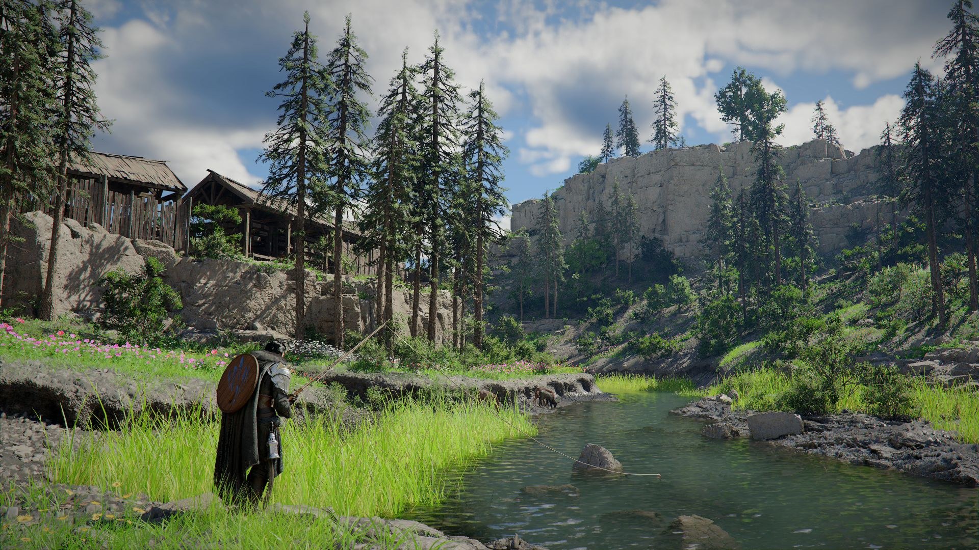 The hero has a fishing pole and has cast. His line rests against the surface of a shallow stream. Trees rise in the background.