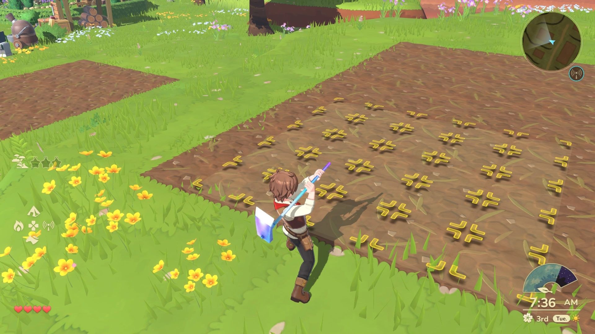 The player character hefts a hoe over his shoulder, preparing to bring it down to dig a 5x5 grid of land all at once.