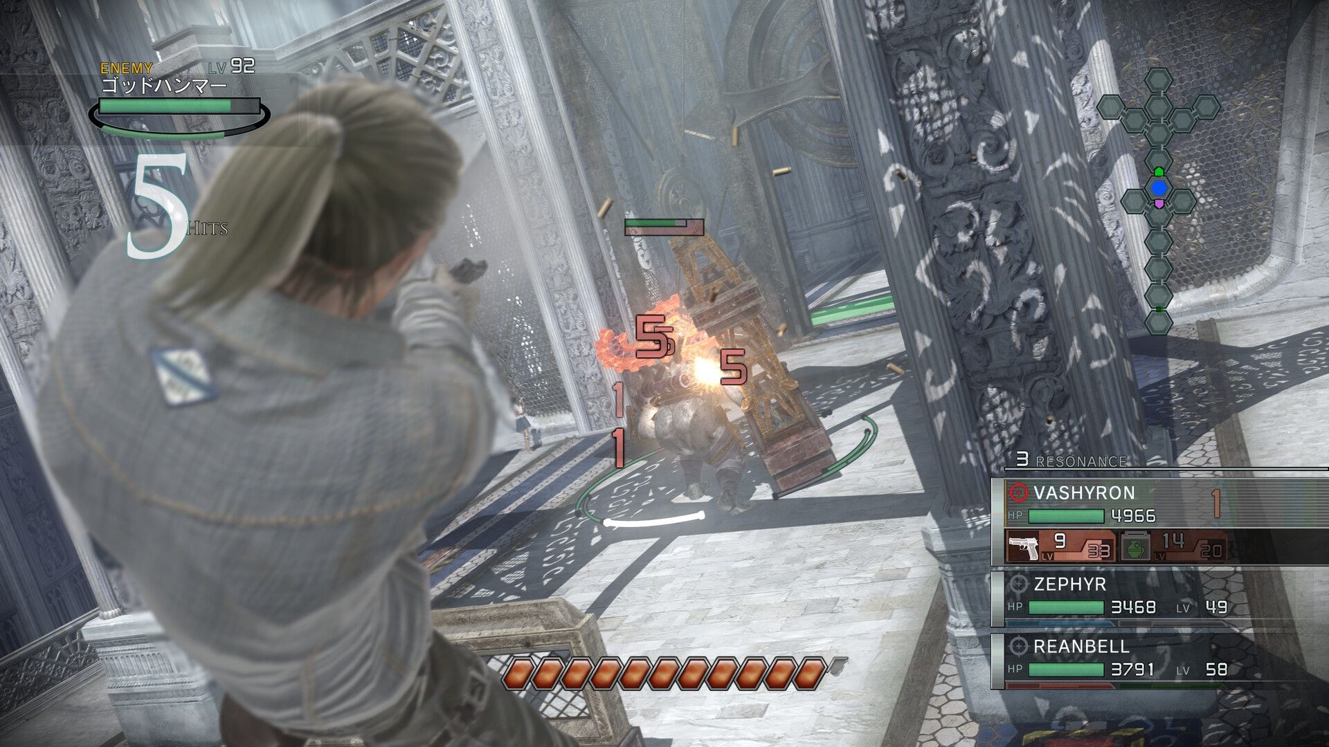 A man with a ponytail falling backward as he unleashes a hail of bullets on an enemy unit.