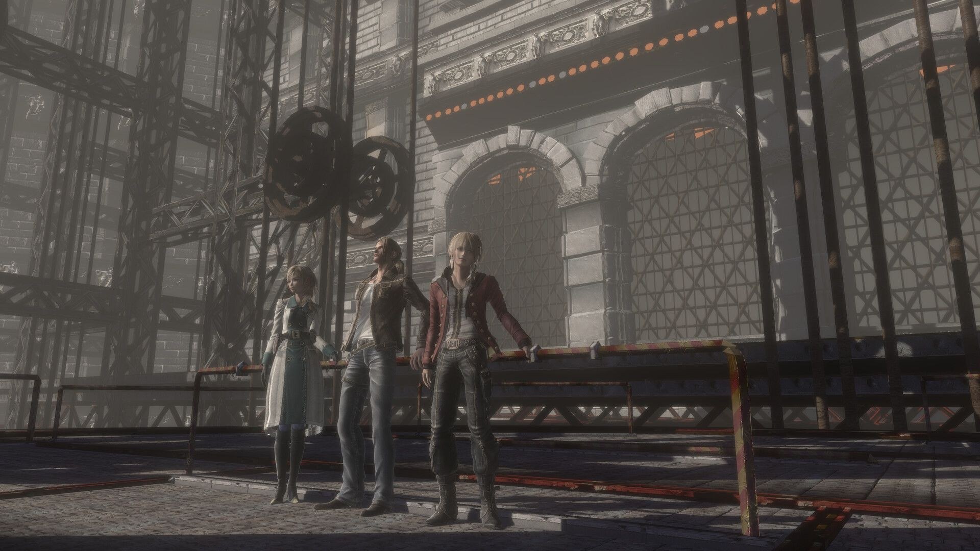 The game's three heroes take a moment's rest, leaning against a railing in front of a wall in a factory-like setting.