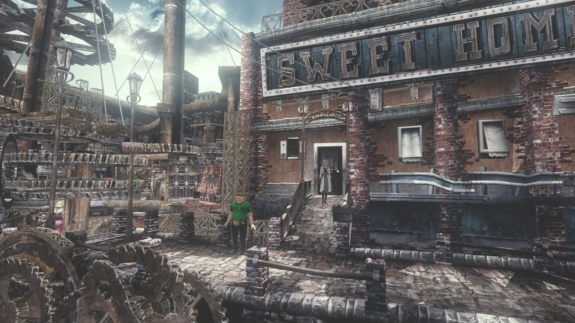 The game's heroine stands near the top of some steps outside a building with most of a sign saying "Sweet Home" hanging above the doorway behind her. A man in a green shirt stands nearby.