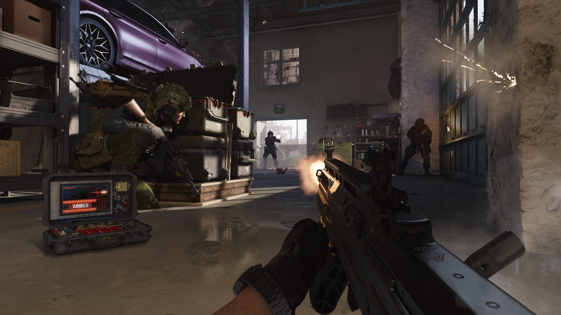 In a first-person viewpoint, a soldier holds a rifle and fires on approaching enemies, while another soldier takes cover behind some crates in a garage environment.