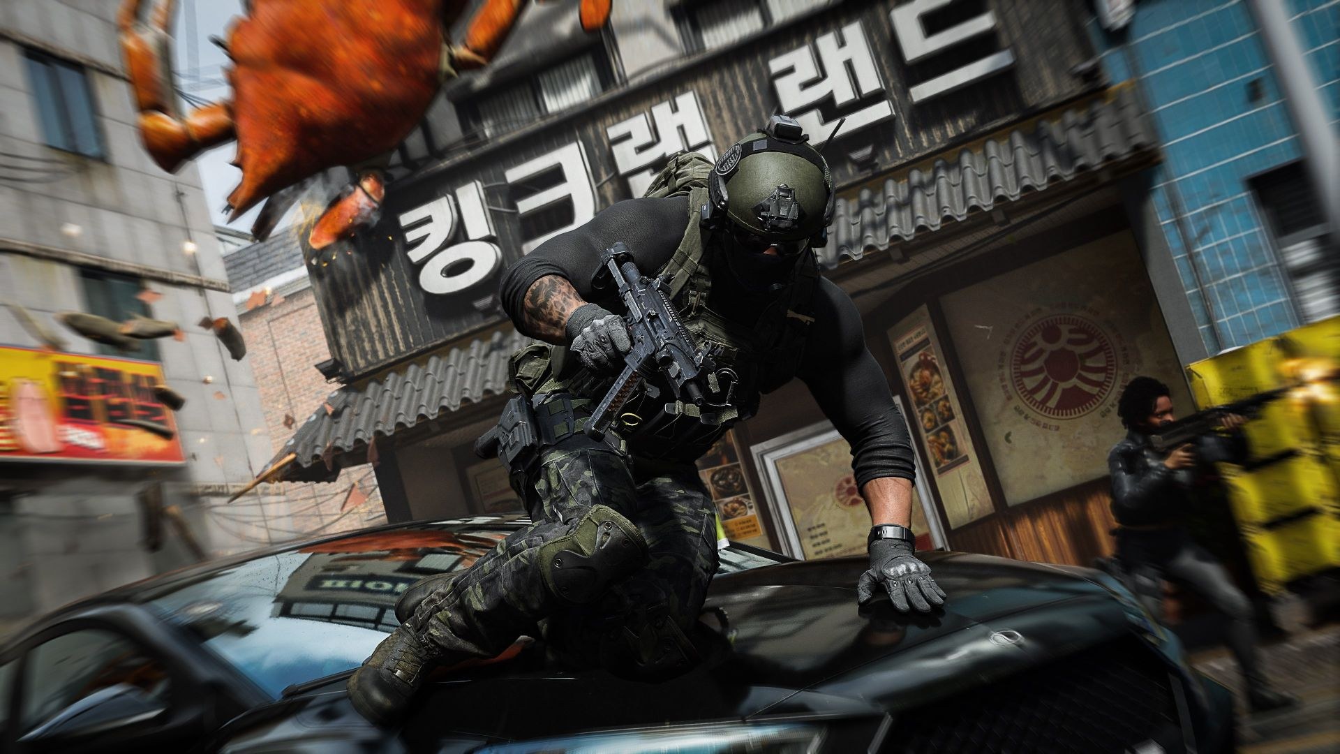 A soldier vaults over the hood of a black sportscar in an urban environment.