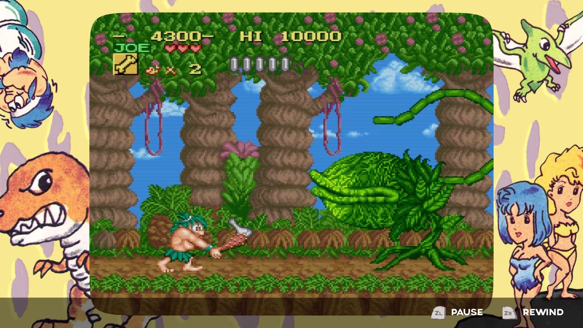 In the original Joe and Mac, Joe swings a club in the direction of an oversized piranha plant that is stalking toward him.
