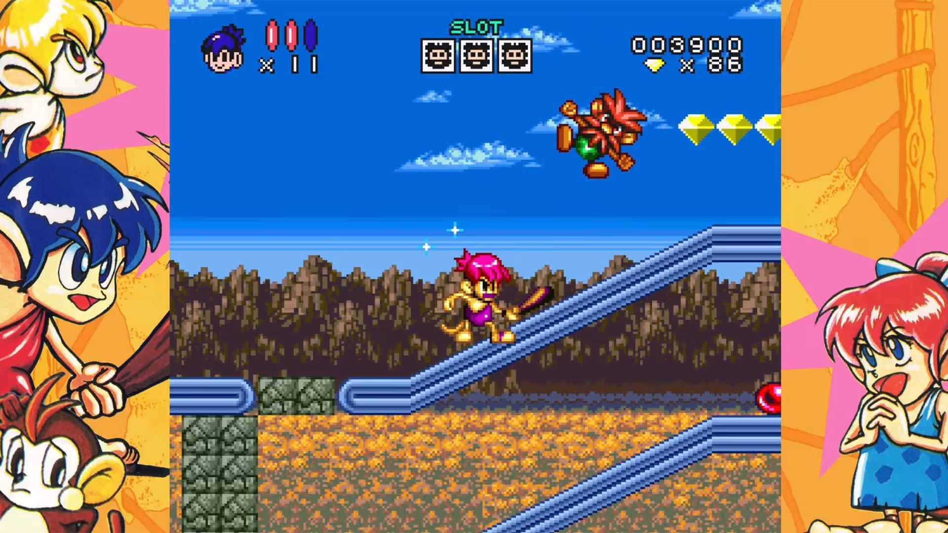 A screenshot from Congo's Caper shows the hero ascending a sloping ledge with a club held ready, apparently having just clubbed a Neanderthal who is now flying backward through the air.