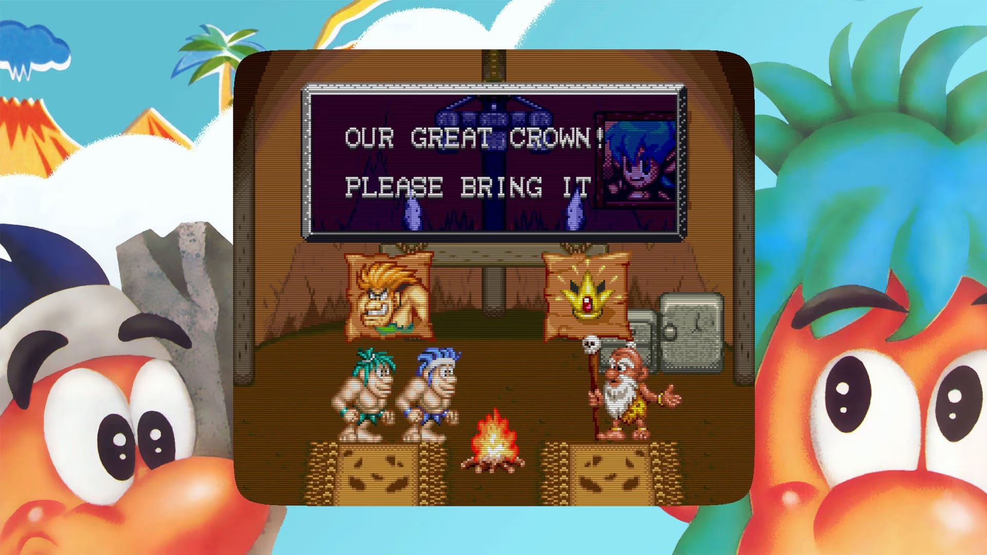 Joe and Mac are in a cave at the start of the second game in the series, where their elder implores them to bring back the stolen Great Crown.