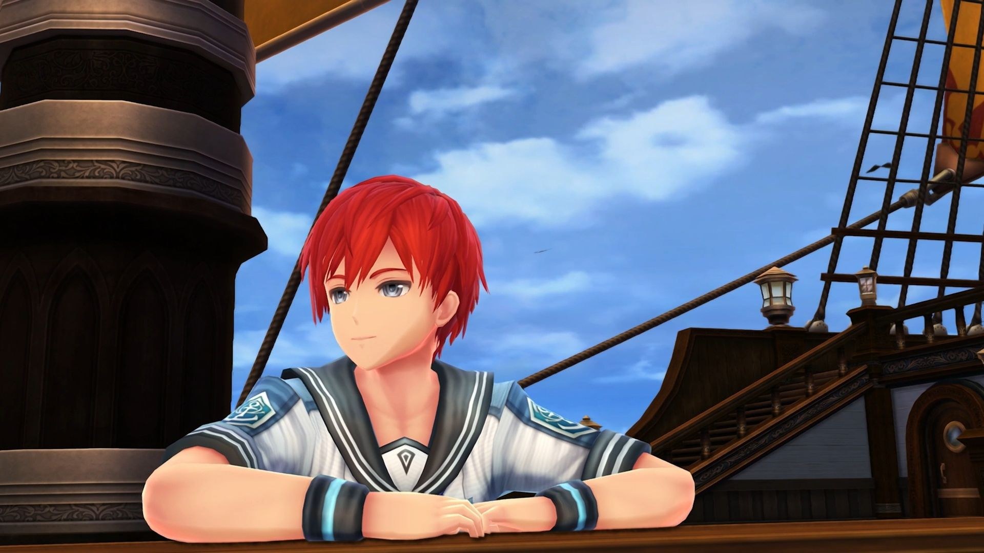 Red-haired Adol leans against the railing on a ship at sea, looking out toward the waves.