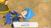 A young character lies on the ground, defeated, their hair blue and the approximate shape of a poop emoji.