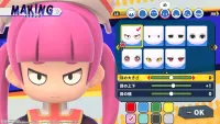 The character creation screen shows the player character with devious eyes and pink hair, with options to choose other expressions and colors.
