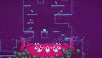 A gooey blob sits on a central platform, beneath which waits a multi-eyed pink monster stretching most of the width of the screen.