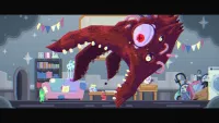 A green blob stands on what appear to be hind legs in front of a couch, facing right toward a collapsing sea-like monster.