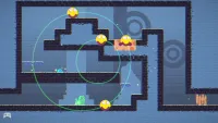 A green blob sits on a lower ledge as waves of sound radiate from some point above it, potentially freezing a group of floating orb-like enemies.
