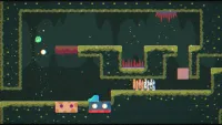 A blue blob moves right along some switches embedded in the ground. Overhead, a ledge contains a recess with a bed of spikes, and more spike protrude from the ceiling.