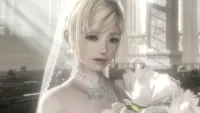 A closeup of a woman bathed in pale light and wearing a bridal gown while holding a bouquet of white flowers.