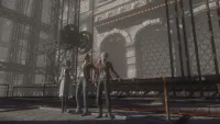 The game's three heroes take a moment's rest, leaning against a railing in front of a wall in a factory-like setting.