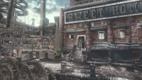 The game's heroine stands near the top of some steps outside a building with most of a sign saying "Sweet Home" hanging above the doorway behind her. A man in a green shirt stands nearby.