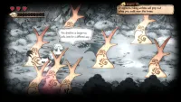 Mono and her friend wander through a gray environment with trees spread around it, where a wolf has emerged from behind one of the trunks.