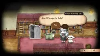 Mono is prompted to give 10 scraps to Tatle, a green creature with an armored back, near a shelf stocked with books.