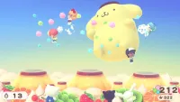 The player characters appear to be drifting through the air above a giant fruit salad, alongside a puffy yellow mascot character.