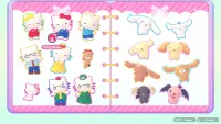 A sticker book shows various Hello Kitty characters in different outfits, placed within a notebook.