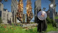 With a circular, reflective shield on his back, the hero faces toward a portal in some ruins, with high stones marked by glowing orange lines.